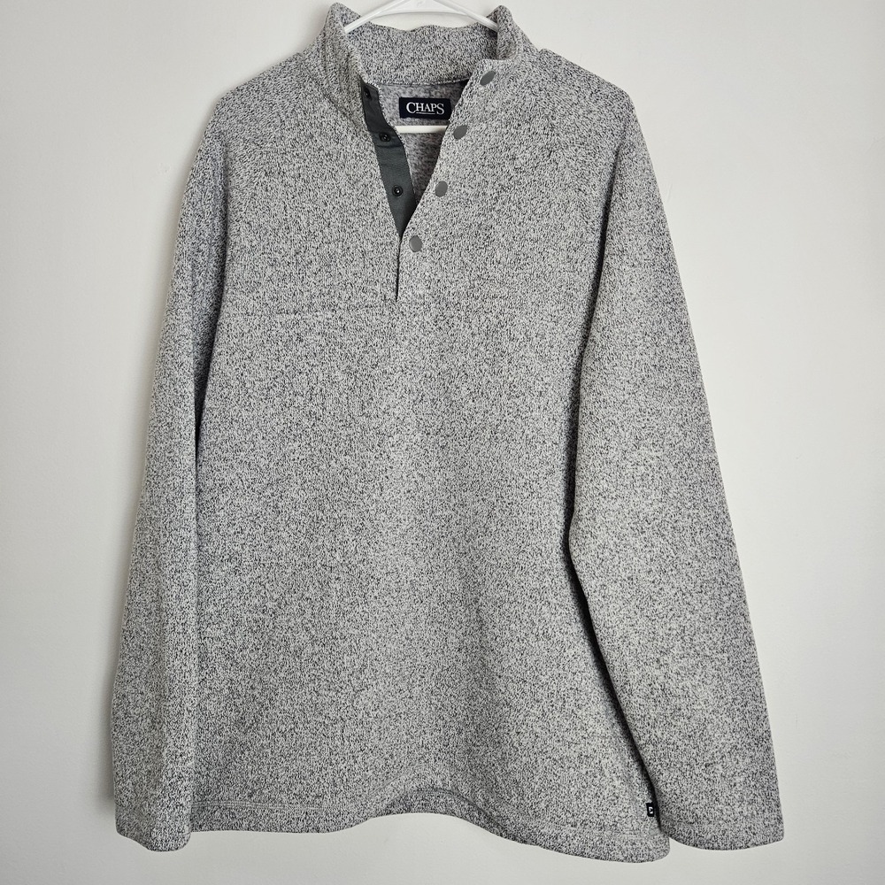 CHAPS Fleece Sweater Mens Sz L 1/4 Snap Mock Neck Pullover Speckled Gray